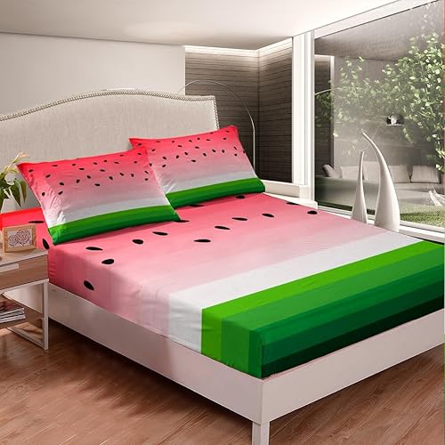 Feelyou Juego de ropa de cama de sandía con estampado de frutas tropicales para niños, niñas y mujeres, sábana bajera ajustable transpirable a rayas