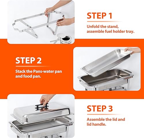 Miniatura 4 de SUPER DEAL Paquete de 8 calentadores de alimentos de 8 cuartos de galón, juego de bufé rectangular con patas de marco plegable, plato de acero