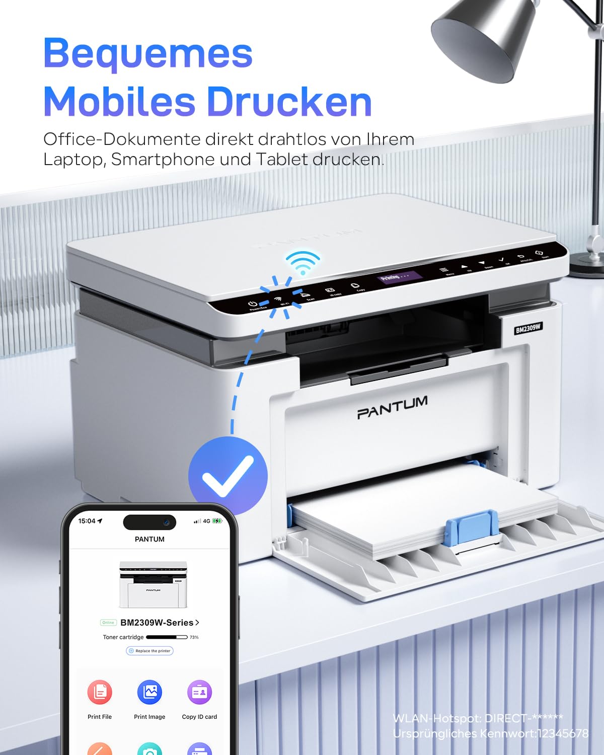 PANTUM BM2309W laserdrucker Multifunktionsgerät, Drucker Scanner Kopierer 3in1, Schwarz Weiss, WLAN Drucker, Airprint, A4, 1200 x 600 DPI, 20 Seiten pro Minute