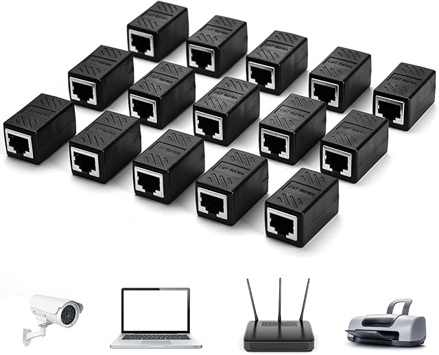 15 Pack RJ45 Coupler Ethernet Inline Connectors Network Extender Adapter Cat7 Cat6 Cat5e Cat5 for Extending the Ethernet Cables Female to Female Joiner LAN Connector Black