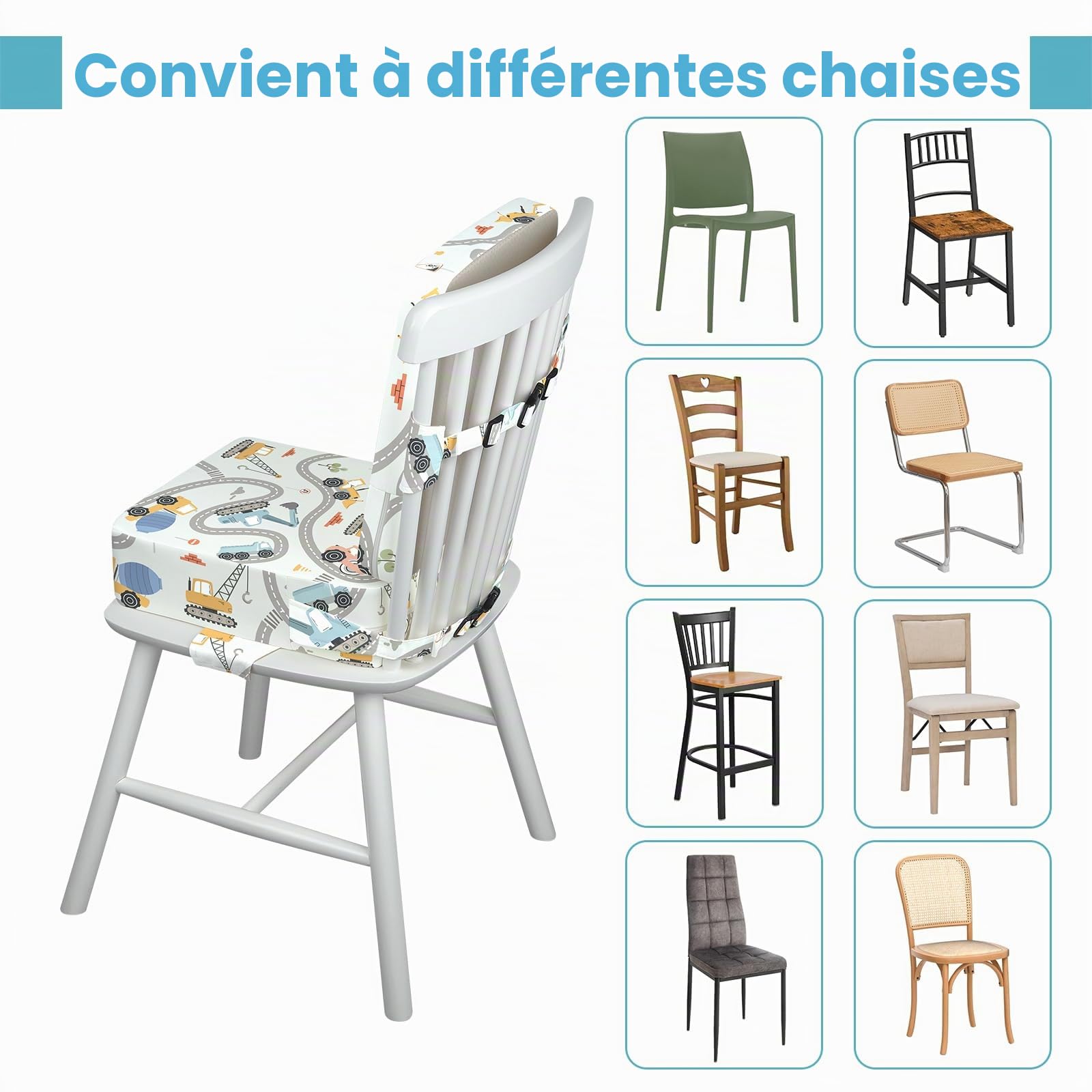 Rehausseur Chaise Enfant Bebe, Antidérapant Réhausseurs De Coussin Portable pour enfant avec Dossier et 3 Sangles de Sécurité Réglables, Lavable 36 x 32 x 10 cm - Pelles Mécaniques (Gris Clair)