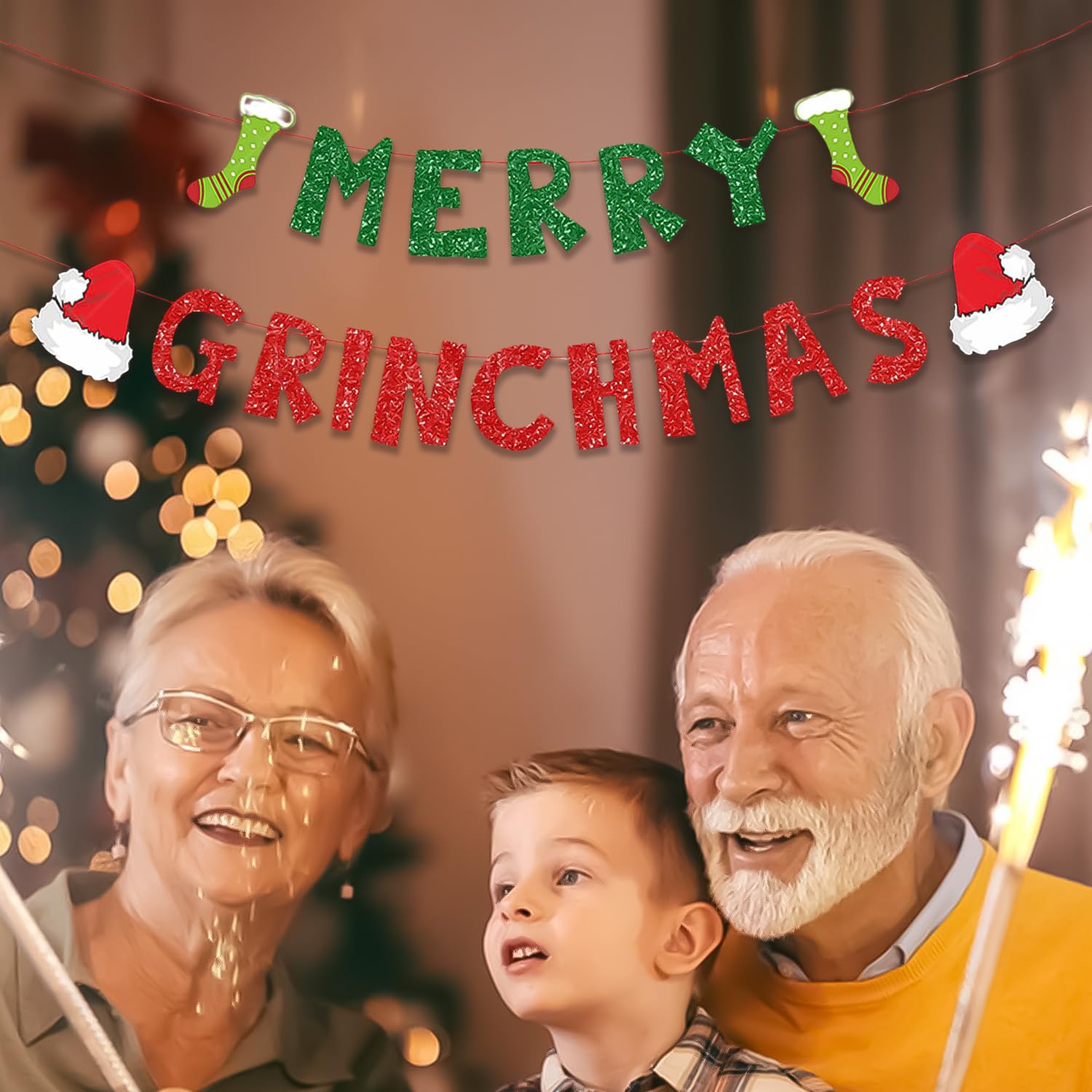 HIXNUG 2pcs Christmas Banner Monster Christmas Decoration Supplies Red & Green Glitter Hanging Ornaments Banner for Indoor Fireplace Mantel - Image 4