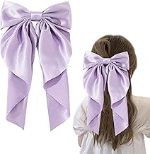 Big Purple Hair Bow for Women - Solid Color Clip with Long Ribbon, Soft Satin Silky French Bow - Cute Gifts for Girls (Purple)