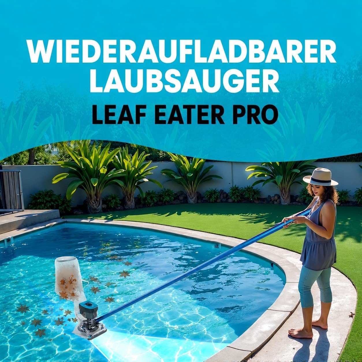 Poolstaubsauger Kabellos, 6800 L/h, Boden & Oberfläche | Wiederaufladbar mit zwei Filterbeuteln; reinigt tiefe, flache und Oberflächenbereiche in Aufstell- und Einbaupools.