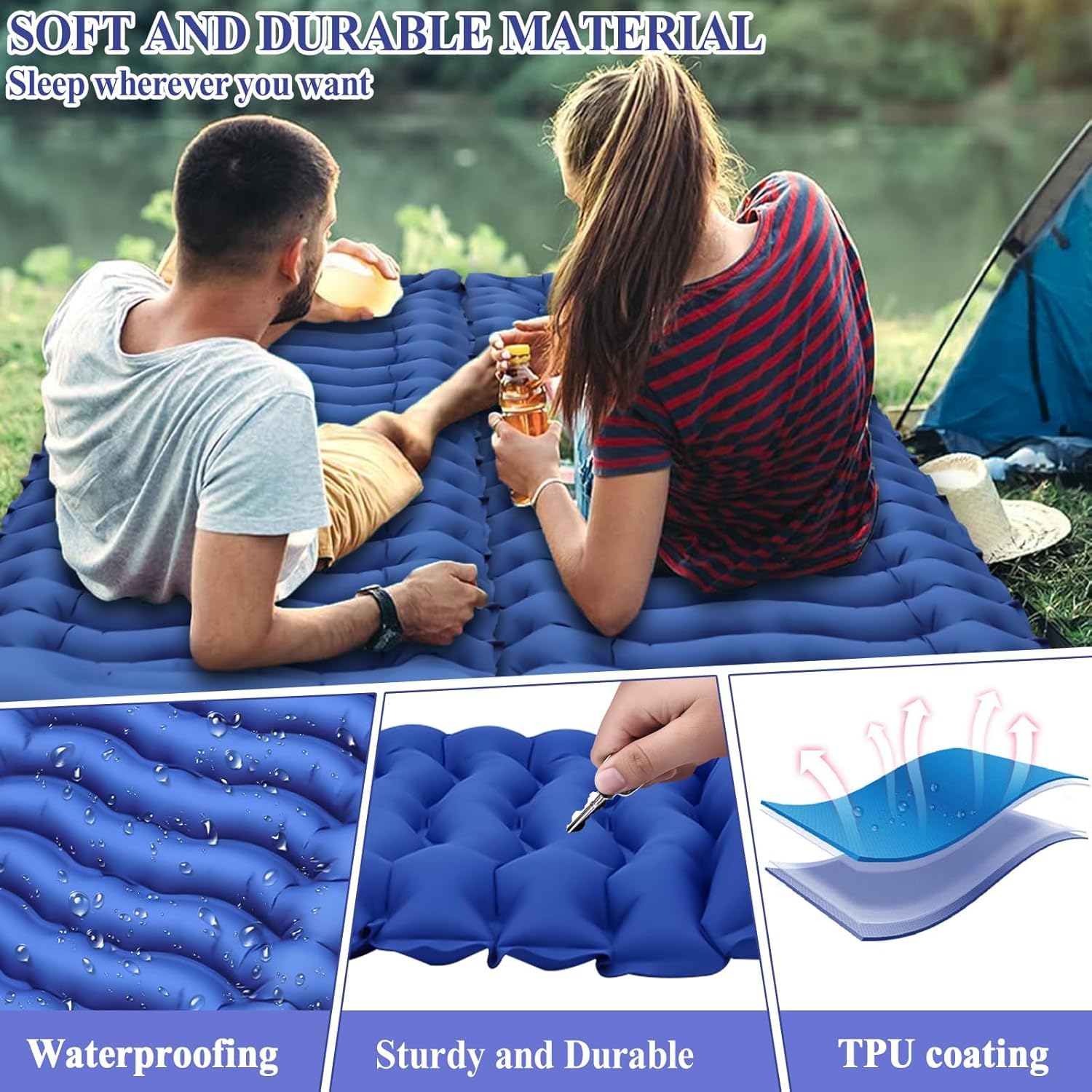 Selbstaufblasende Isomatte Camping, Isomatte Ultraleicht mit Fußpumpe & Kissen | Luftmatratze Kleines Packmaß, wasserdichte Reisematratze für Camping/Trekking/Angeln/Winter inkl. Reparaturset