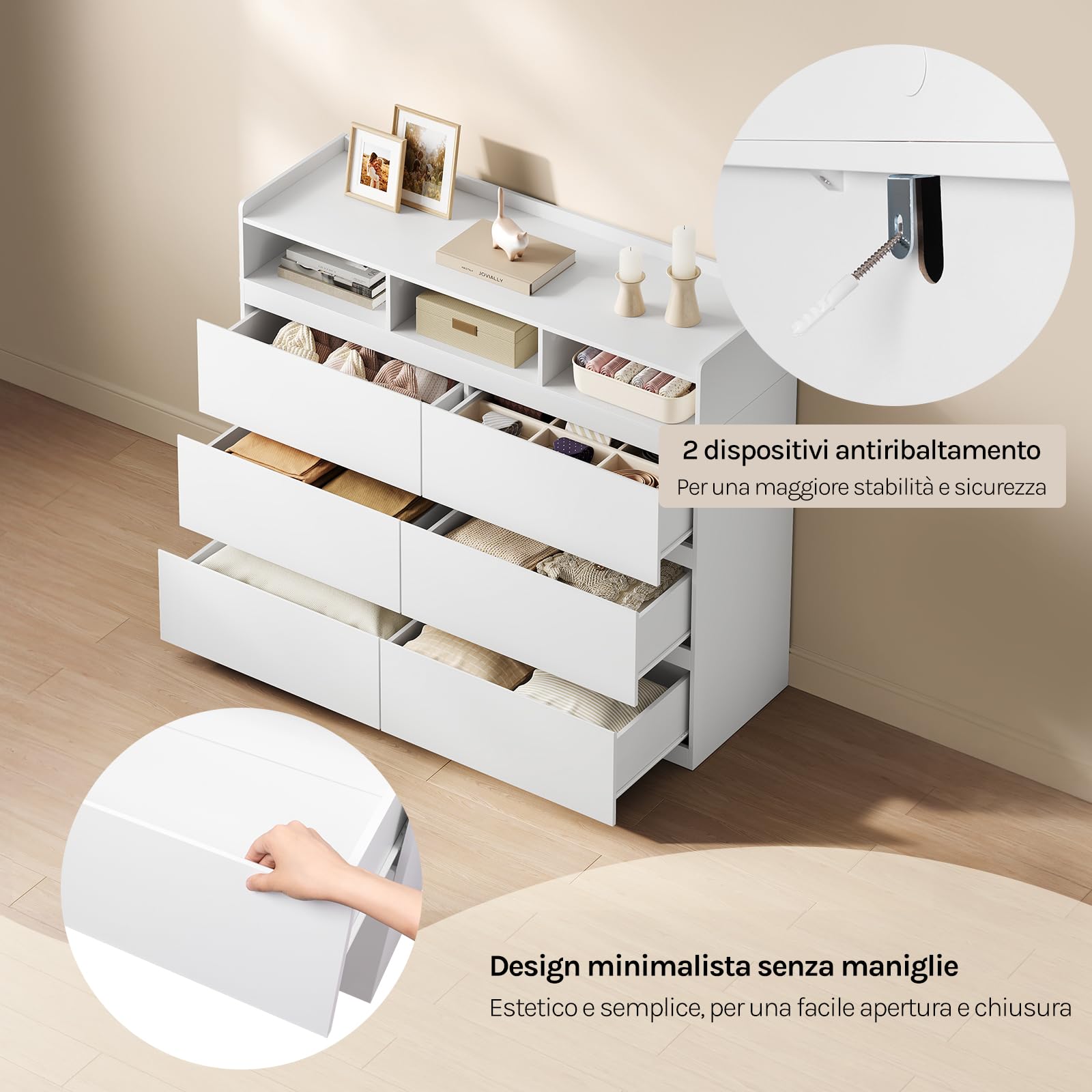WOLTU Cassettiera con 6 Cassetti, Mobiletto Salvaspazio | con 3 Scomparti Aperti e 1 Piano a Bordi Rialzati, 120x40x100 cm, in Legno, per Camera da Letto, Soggiorno, Ingresso, Bianco