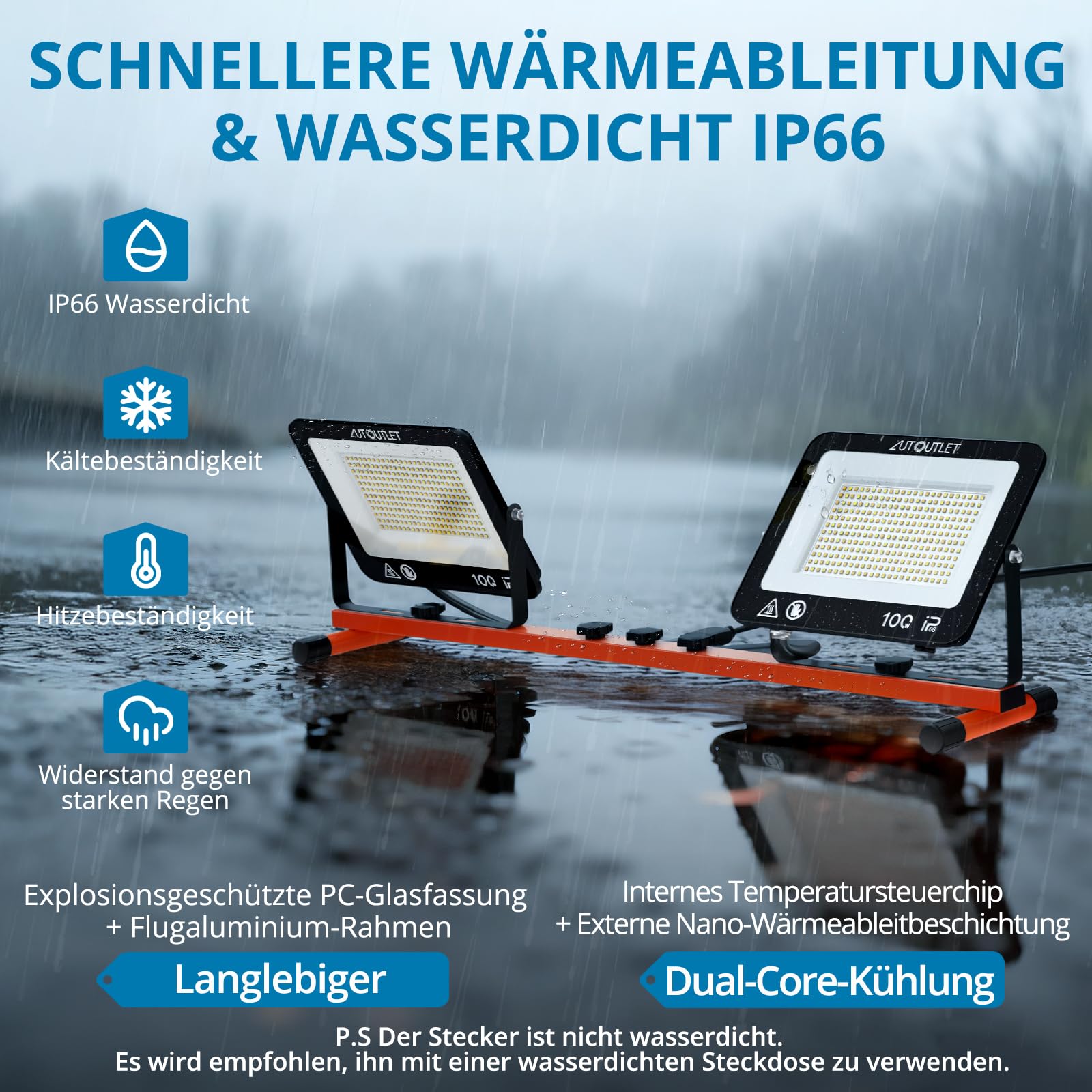 AUTOUTLET Baustrahler LED mit Stativ 200W, 3 Farbtemperaturmodi & 5M Kabel | 19000LM Baulampe, 3000K/5000K/6500K, 118-174cm Höhenverstellbar Stativ, IP66 Wasserdicht, Abnehmbar, für Garage Baustelle