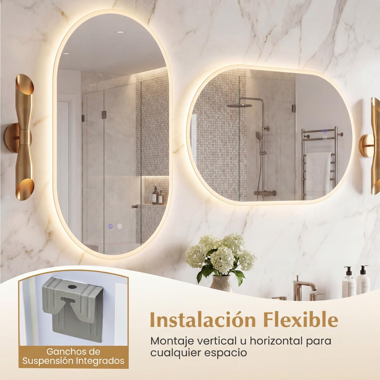 COSTWAY Espejo de Baño Iluminado con LED, Espejo Ovalado sin Marco con Luz, Vidrio Templado HD Antiimpacto Seguro, Función Antivaho, Interruptor Táctil y Temperatura de Color Regulable (90 x 55 cm)