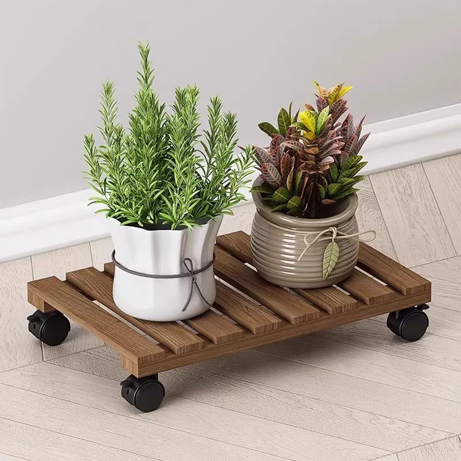 Base con Ruedas, Soporte, Rodante para Plantas, Base De Jardinera con Ruedas, Plataforma con Ruedas, Capacidad De Carga 40 Kg, Base De Jardinera De Madera Maciza Patio Ajardinado 60cm×25cm