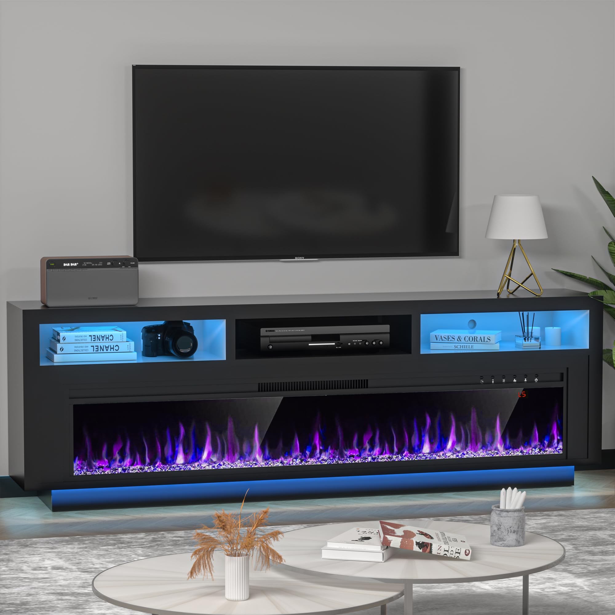 58" Fireplace TV Stand for TVs Up to 65" with 52" Electric Fireplace, TV Console for The Living Room, LED Light Entertainment Center, Storage Cabinet, Media Console Table, Black