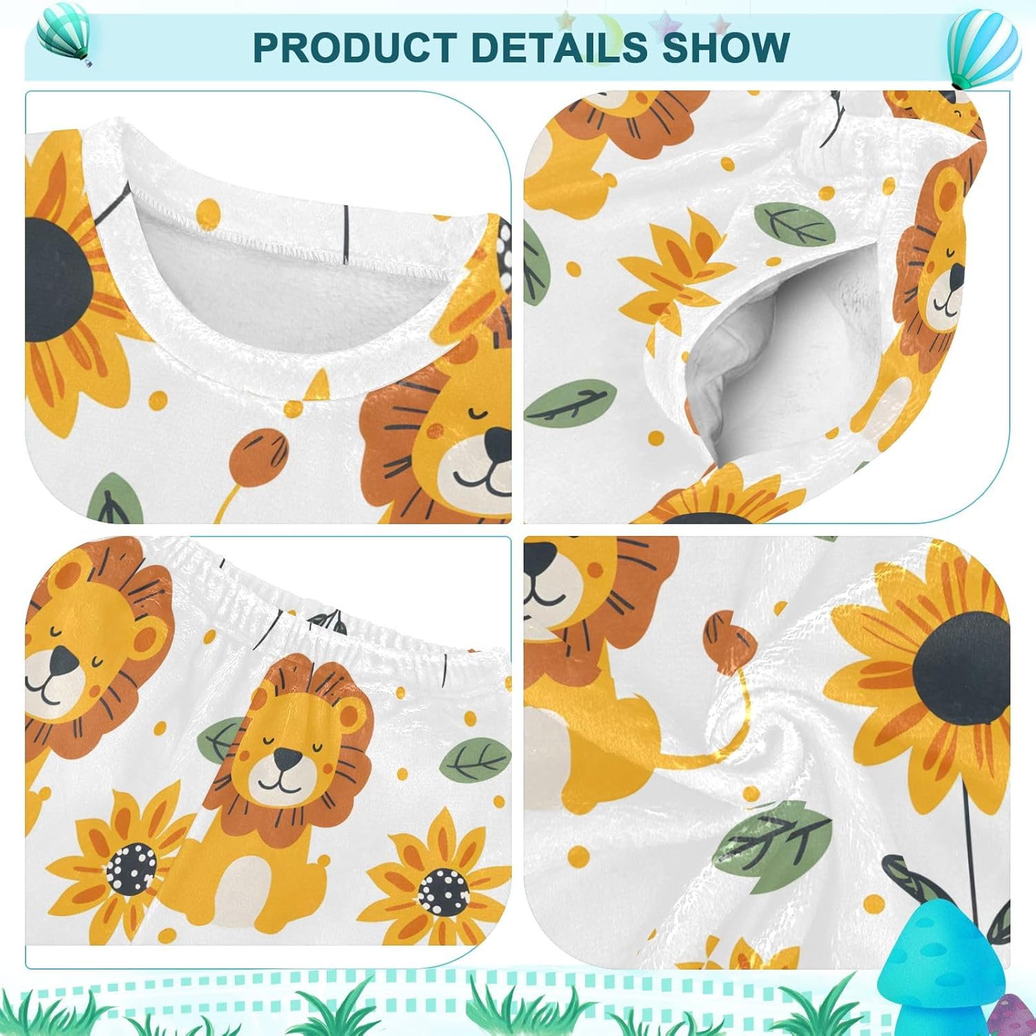 Kids Flannel Sets Cute Lion and Sunflower Warm Plush Relaxed Clothing for Boys and Girls
