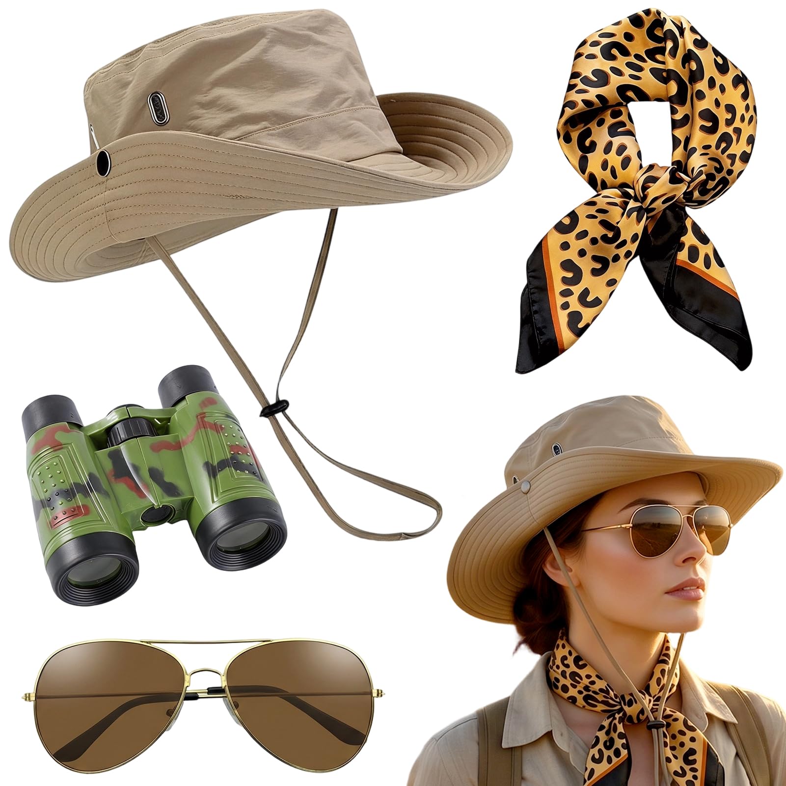 Crittygo 4Pcs Safari Costume Set for Women, Zoo Keeper Costume Accessory with Explorer Hat Binoculars Scarf, Safari Outfit for Outdoor Theme Parties Halloween Cosplay