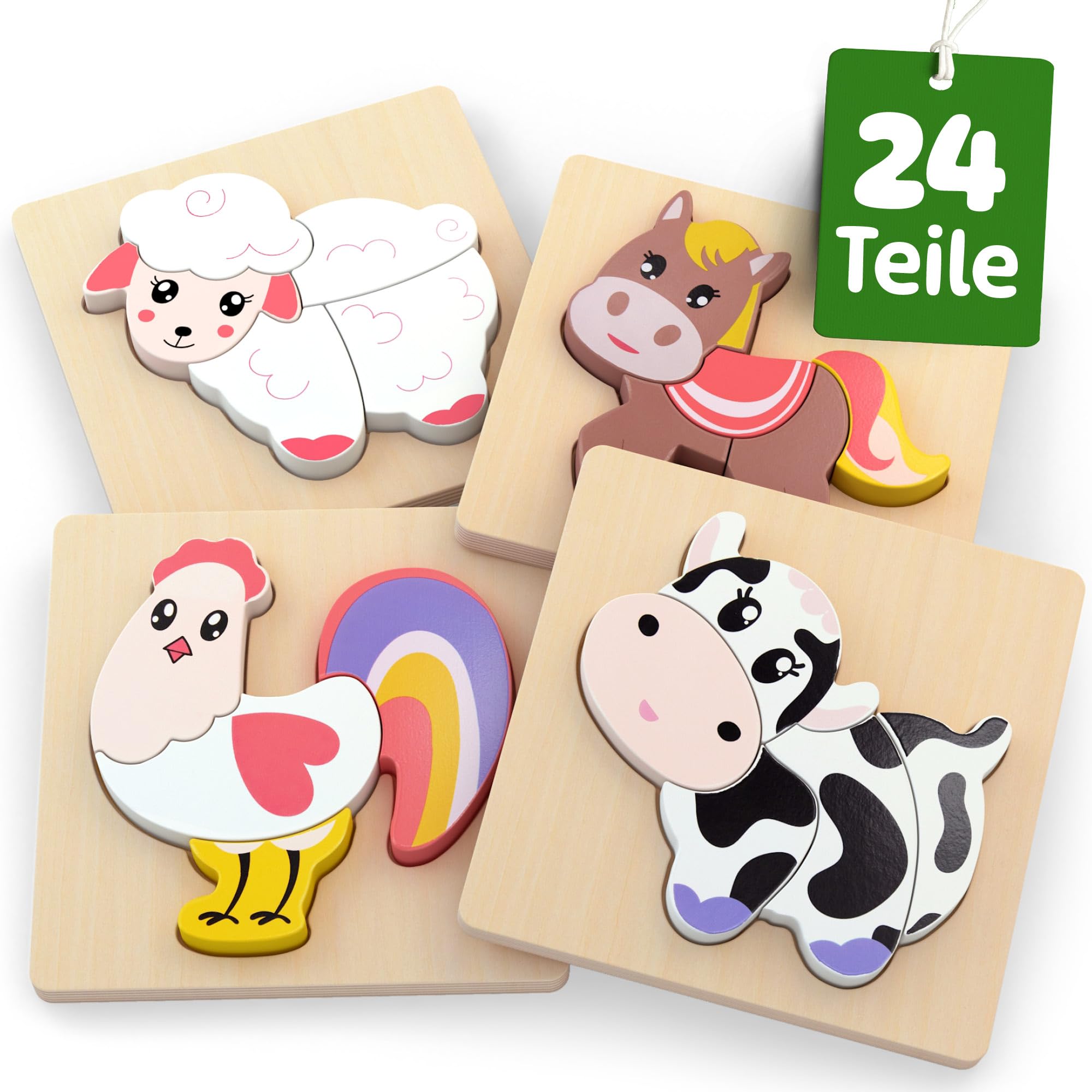 Merle Toys® Holzpuzzle 1 Jahr, Kinder Holzpuzzle ab 2 Jahre, 100% nachhaltig, 4X Greifpuzzle Tiermotive, Montessori Puzzle mit Hilfslinien, Baby Puzzle ab 1 Jahr, Holz Steckpuzzle mit 19 großen Teilen