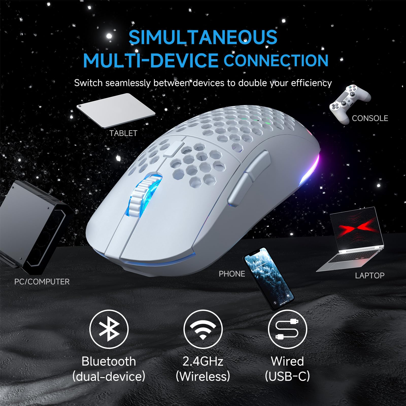 TMKB Gaming Setup Kabellos, Falcon M1 Maus & T63 Mechanische Tastatur Interrupteur Bleu, 2.4G/Bluetooth/USB-C für PC und Notebooks, RGB-Beleuchtung (Weiß)