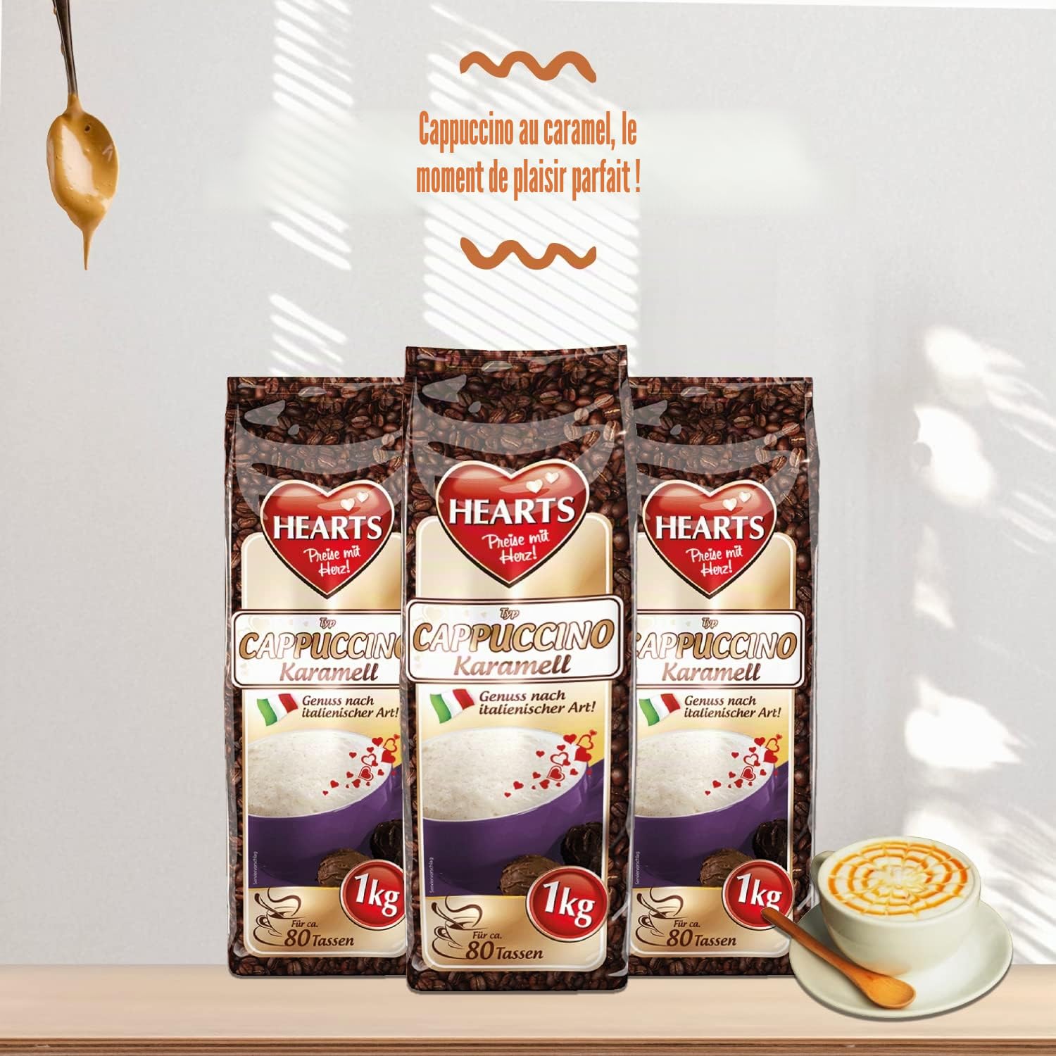 Hearts Cappuccino Caramel, 5 x 1 kg de poudre de café lnstant, facilement soluble, lot de 5, env. 400 tasses
