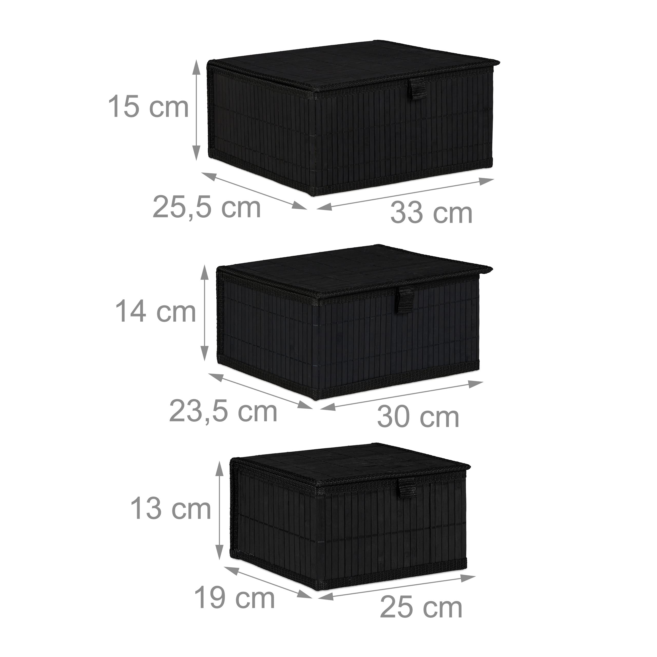 Relaxdays Set de Tres cestas de almacenaje, con Tapa, Funda Textil, Bambú, Decorativo, Negro