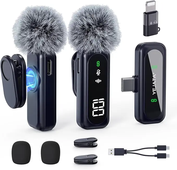 YEJATA Kabelloses Lavalier-Mikrofon mit digitaler Batterieanzeige, 360° omnidirektionale Geräuschunterdrückung, 30 m Reichweite, drehbarer Clip für iPhone 15/16, Android, PC, iPad, Tablet