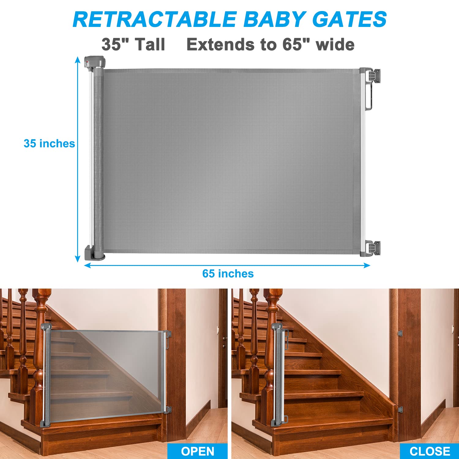 40% Off Discount Retractable Baby Gates Grey Mesh Safety Dog Gate 35 Tall, Extends to 65 Wide, Extra Wide Indoor Outdoor Fabric Pet Gate for Stairs, Doorways, and More