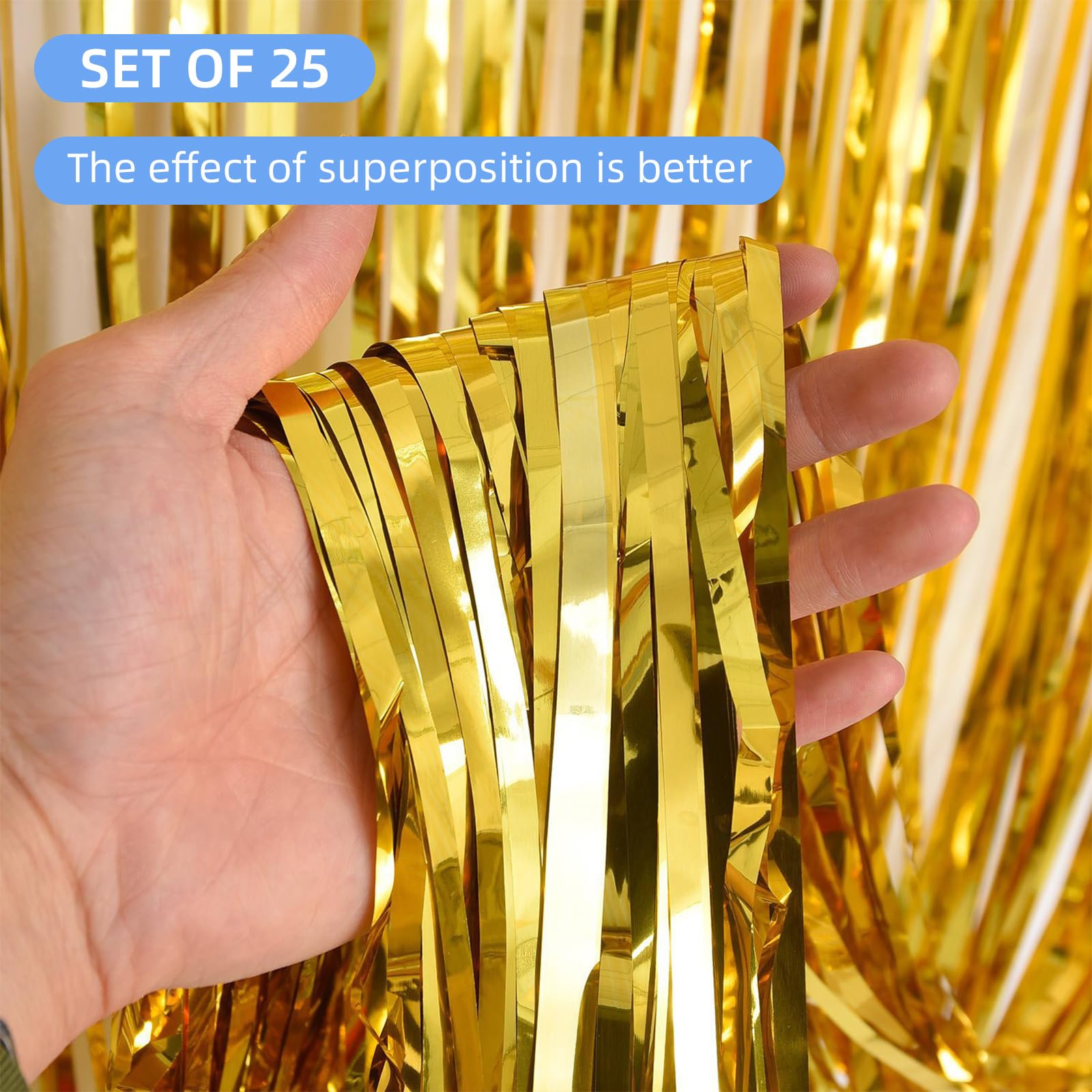 Lot de 25 rideaux à franges en feuille d'aluminium métallique pour cabine photo, anniversaire, Nouvel An, Noël (doré) – 10 x 2 m