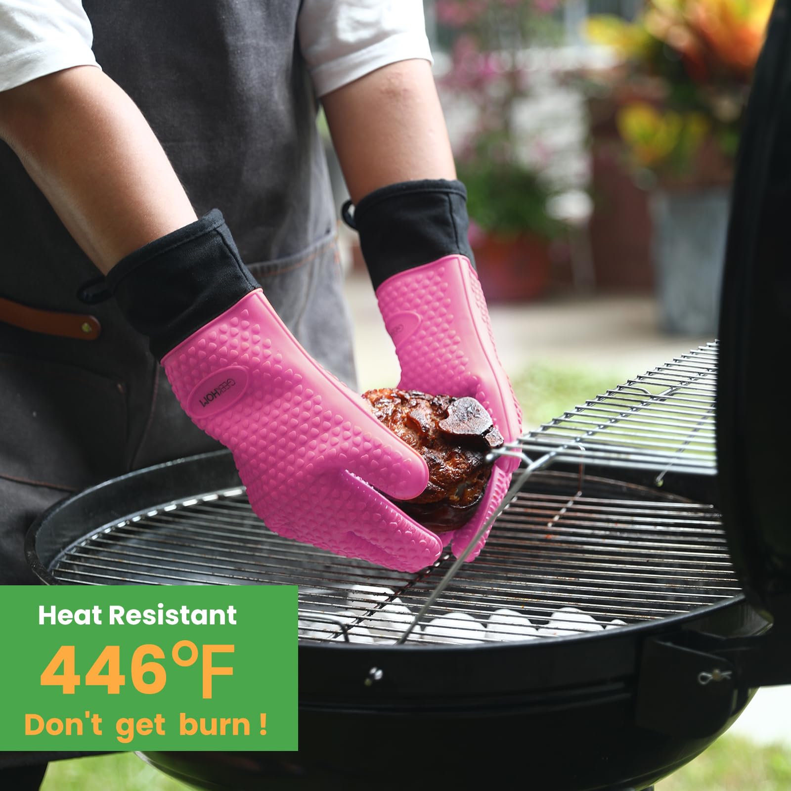 GEEKHOM Silicone Oven Gloves Heat Resistant Silicone Oven Mitts BBQ Gloves Waterproof Kitchen Gloves - Image 4