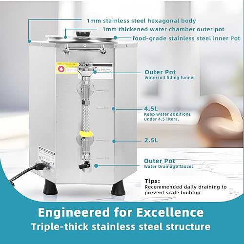 Miniatura 5 de Hehinton Caldera doble profesional de 8.3 cuartos para fusión de chocolate, cerajabón, fundidor eléctrico de acero inoxidable de grado alimenticio