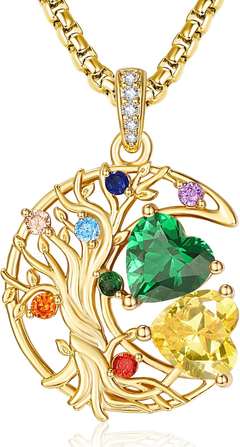 14K Gold 7 Chakra Necklaces for Women,Tree of Life Jewelry with 2 Birthstones Pendant,Birthday Christmas Spiritual Yoga Gifts for Mom Wife Sister Her