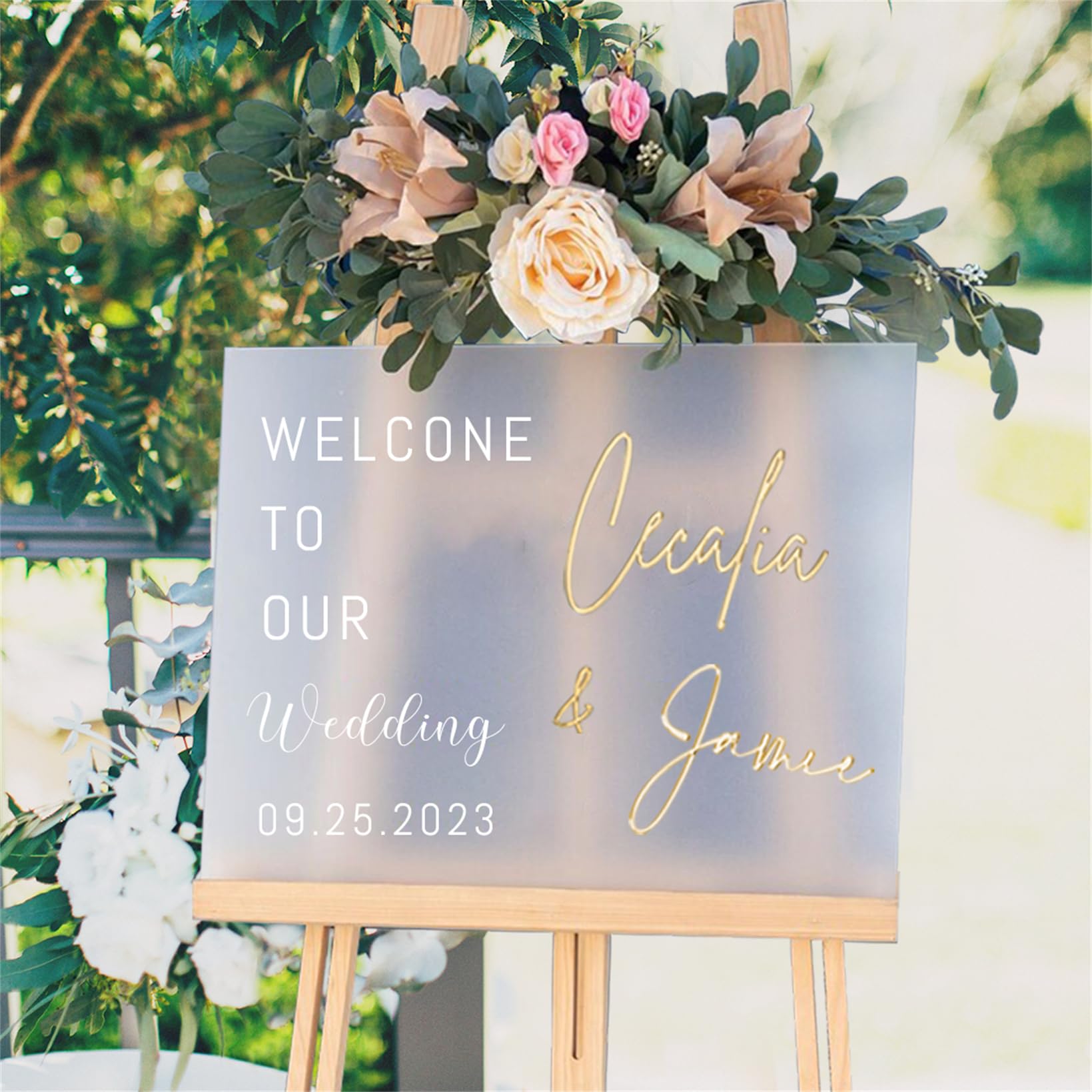 Cartello di benvenuto per matrimonio, in acrilico satinato, con nome personalizzato, cartello 3D Welcome to Our Wedding per ingresso, giardino, sala banchetti (cartello di benvenuto in acrilico per