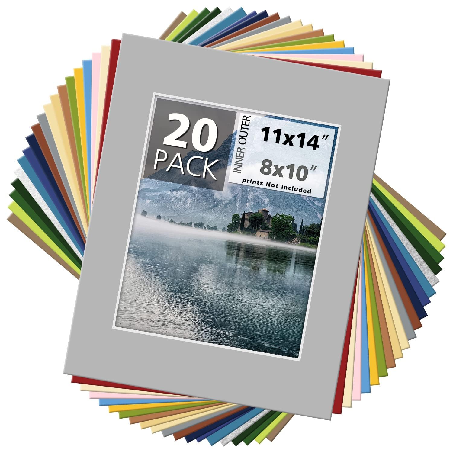Mat Board Center, Pack of 20 11x14 MIXED COLORS White Core Picture Mats for 8x10 Photos-image-30