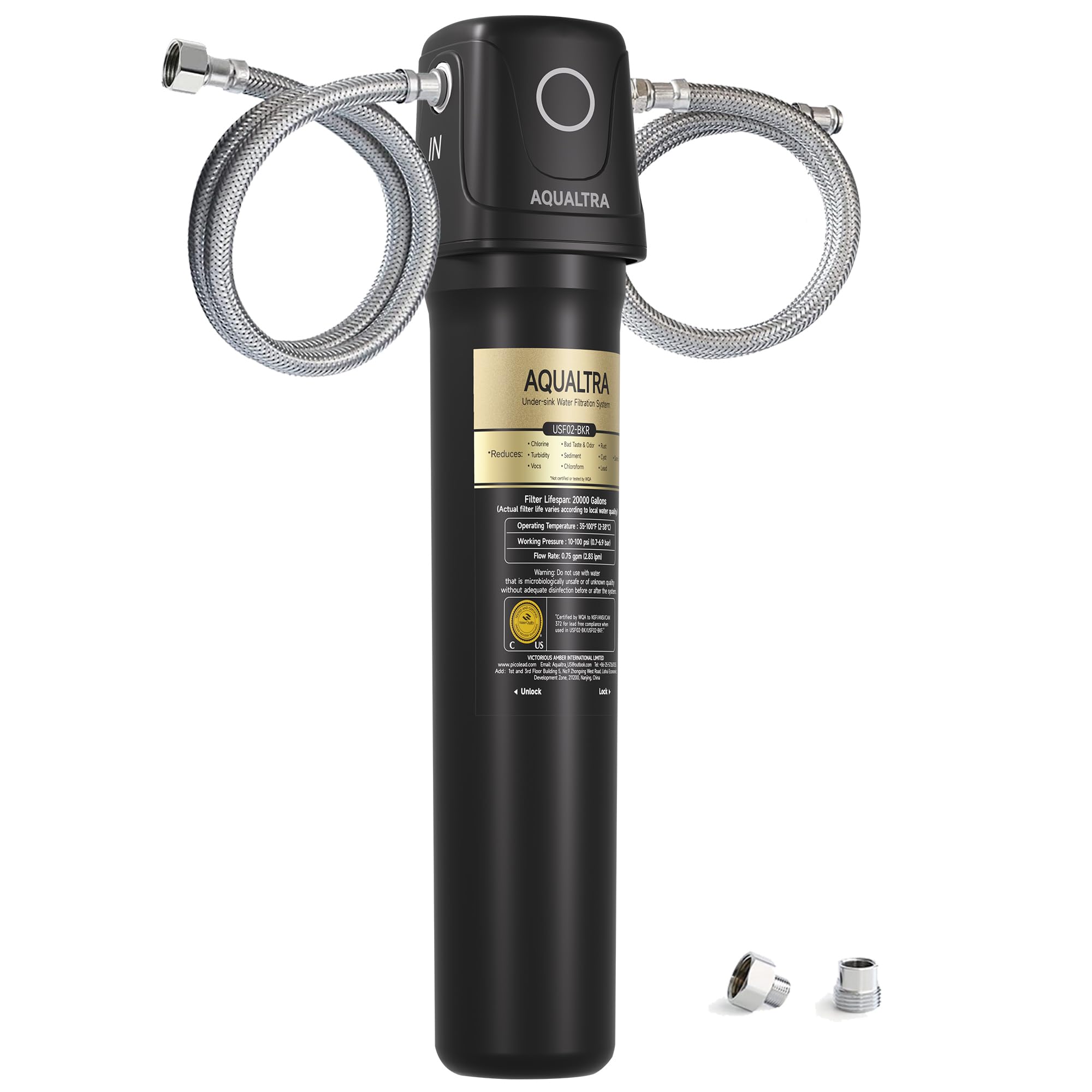 AQUALTRA USF02-BK Système sous évier, 75700L, certifié NSF/ANSI/CAN 372, réduit PFOA, PFOS, chlore, plomb, mercure, chloramine, fluorure, microplastiques, mauvais goût & odeur