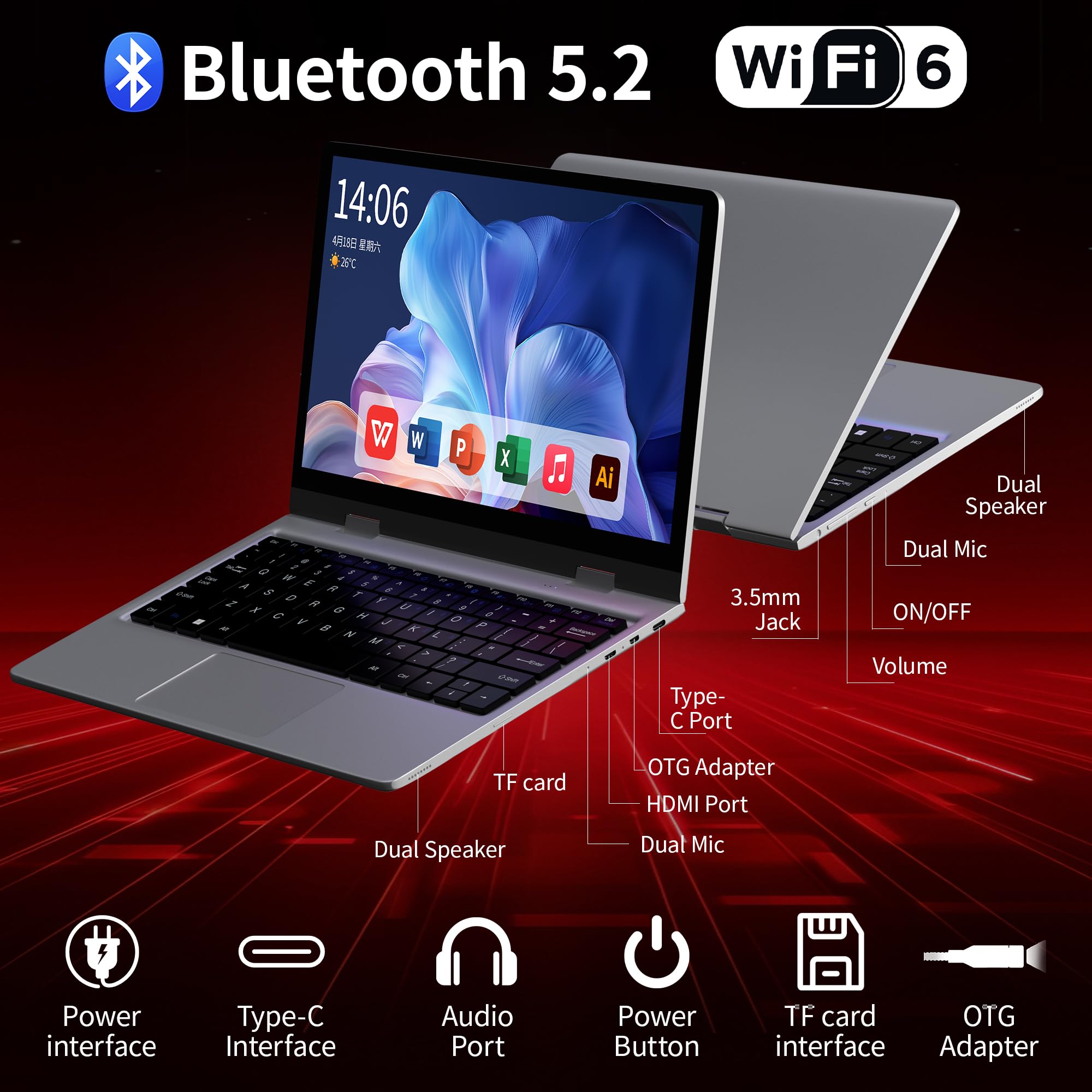 Ordinateur Portable Tactile 12 Pouces pc Hybride 2 en 1 Tactile pc Portable Windows 11 Ordinateur Tablette 256 Go SSD 4 Go RAM Laptop 2 in 1 360°Flip Touch Screen Tablette avec Clavier