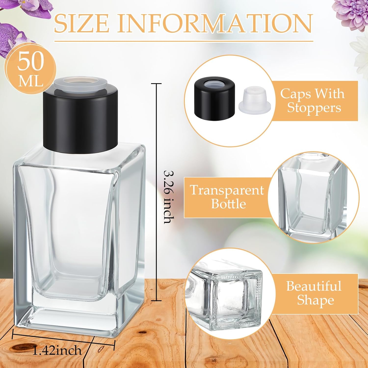 Umigy 50 Set Glass Diffuser Bottles Reed Diffuser Empty Jars Clear Fragrance Bottle with Black Caps 50ml 1.7 oz Essential Oil Jars for DIY Fragrance