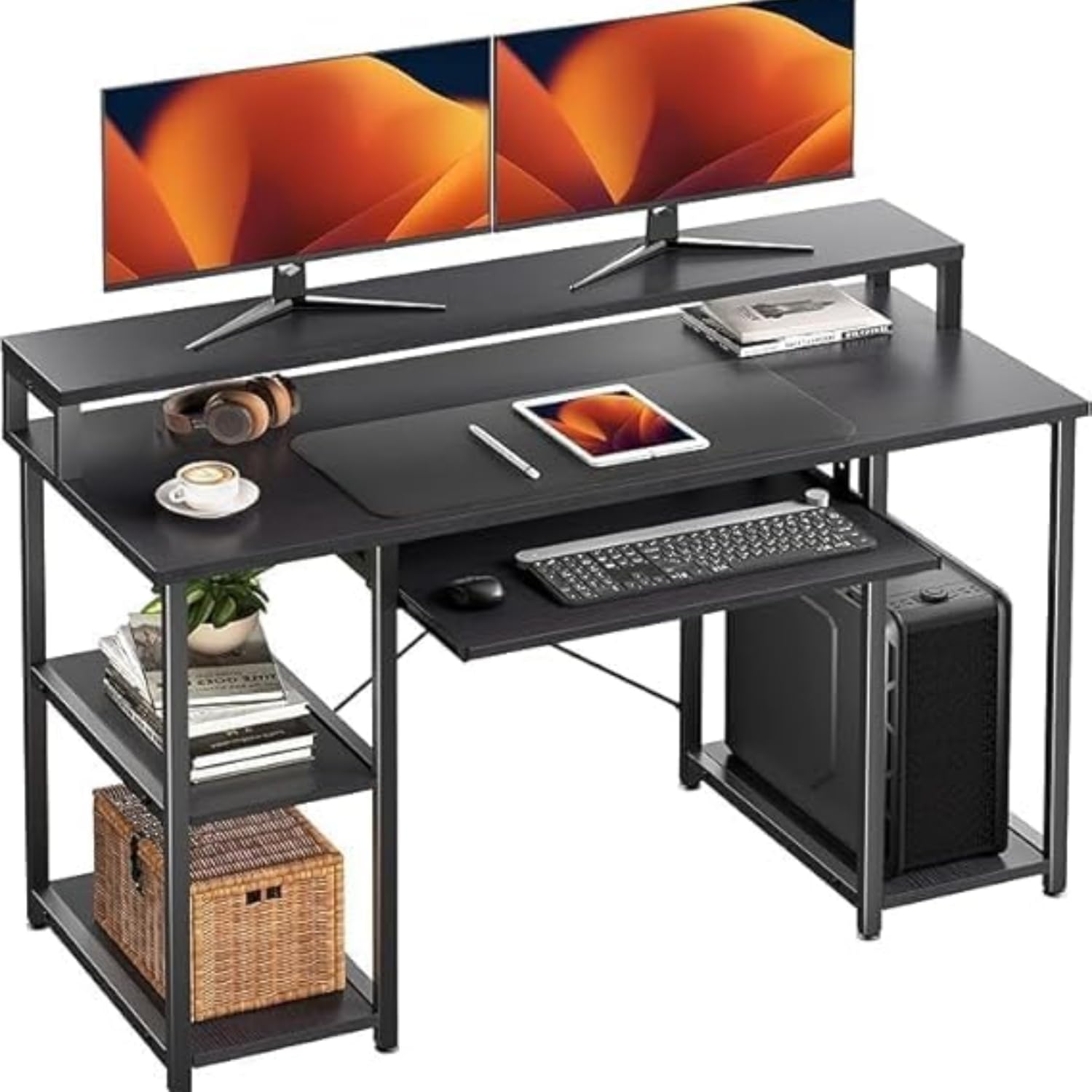 TEKAVO Trio Computer Table for Home Pc | Office Table for Home with Monitor Riser and Keyboard Tray, Laptop Table, Work Table, Study Table, Modern Workstation | Black Wood, Metal,(150x60x 75 cm)