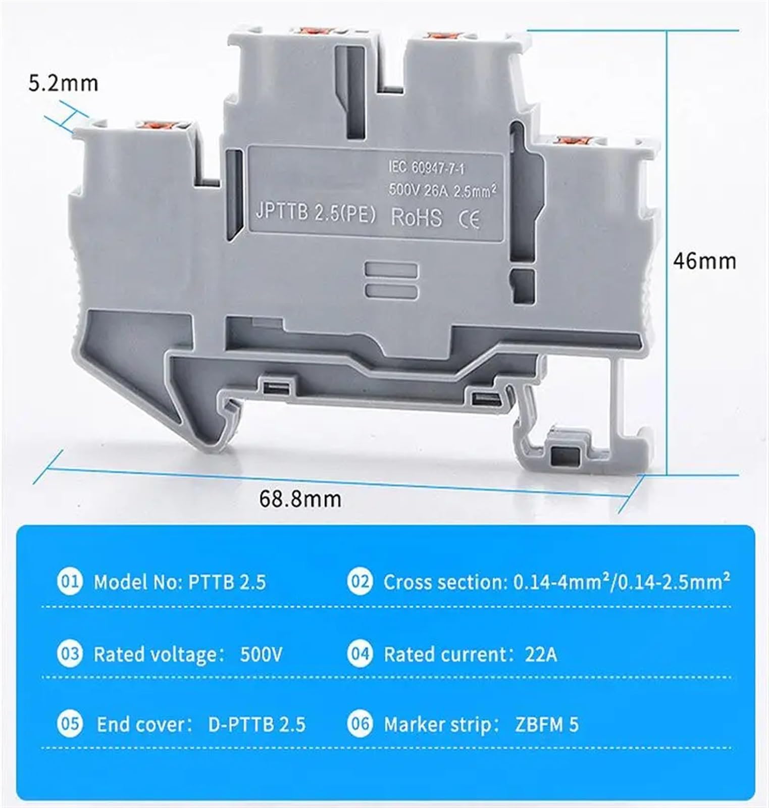 50 sztuk PTTB-2.5 drabina druciana 4-kolorowa elektryczna złączka wtykowa dwupoziomowe złącze sprężynowe DIN blok zacisków szynowych (kolor: niebieski)