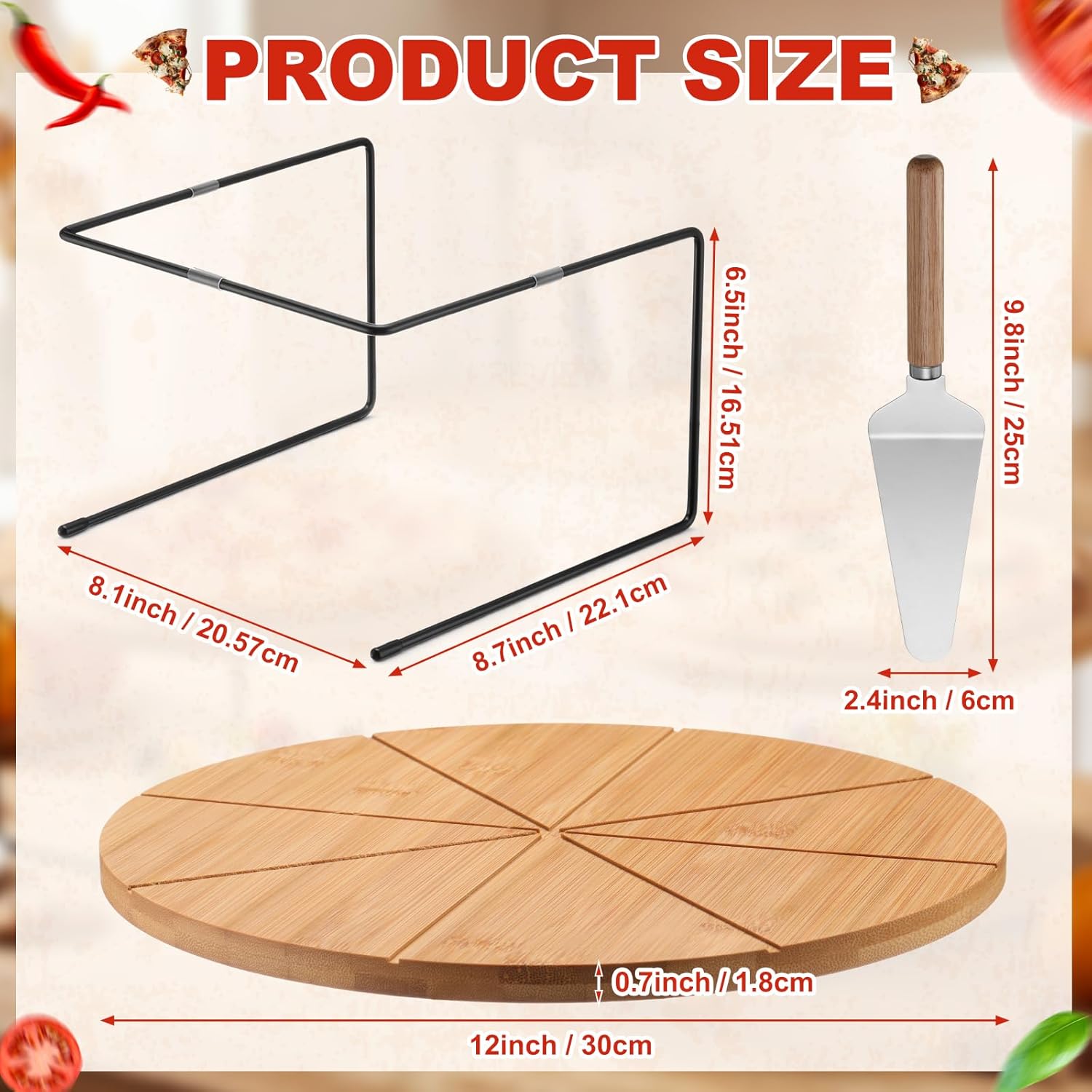 LemonRoad 12 Pcs Pizza Pan Riser Stand Set 4 Metal Table Stands 4 Pcs 12'' Bamboo Wooden Pizza Pans Tray with Cutting Grooves 4 Wood Handle Pie Server Spatulas for Baking Dessert Restaurant Party Use