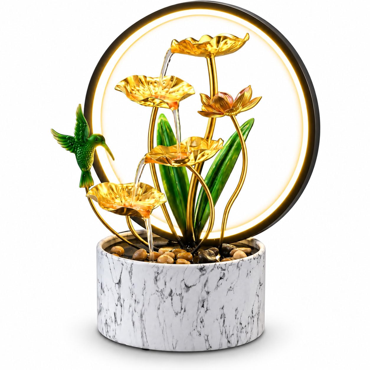 15" H Indoor Modern Tabletop Water Fountain LED Light, Yoga Meditation Room Father Day Decor Lotus Flower Floor-Standing Fountain