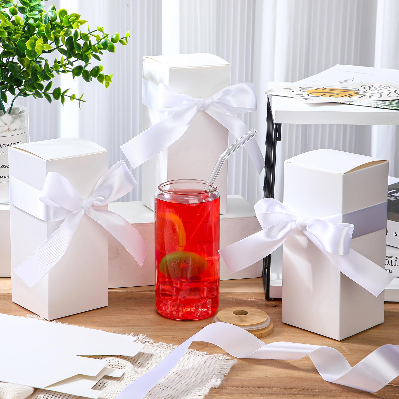 Fulmoon 12 Sets Geschenkboxen mit Sichtfenster, mit Schleife, Sublimationsverpackung, weiß | Passend für 30,5 cm, 40,6 cm, 530 ml, leere Verpackung, Geburtstag, Hochzeit, Abschlussfeier, Partyverpackung