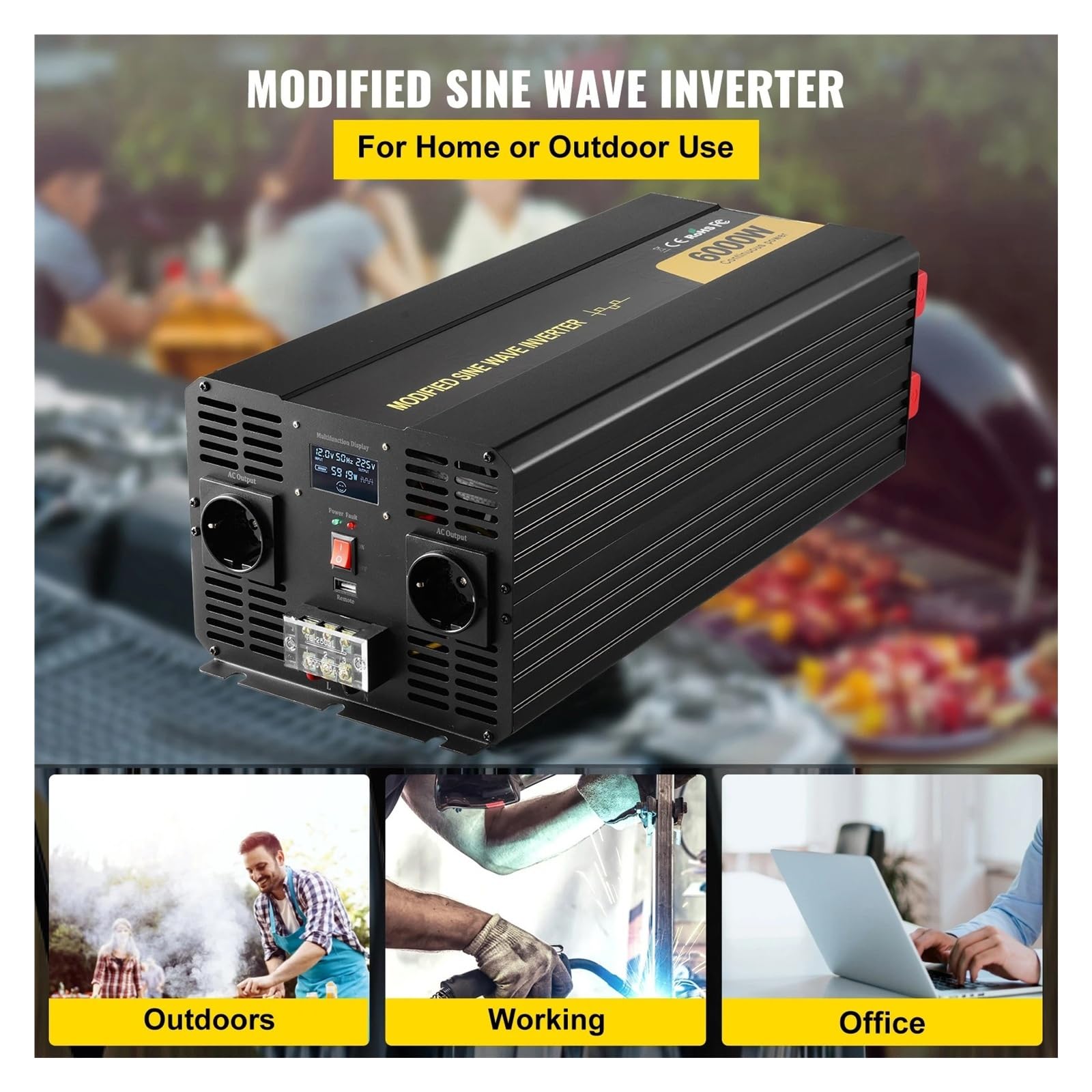 Convertisseur Convertisseur Voiture À Onde Sinusoïdale Modifiée Puissance 6000W Télécommande avec Écran LCD pour Camping-Car Camion Bateau Voyage Onduleur