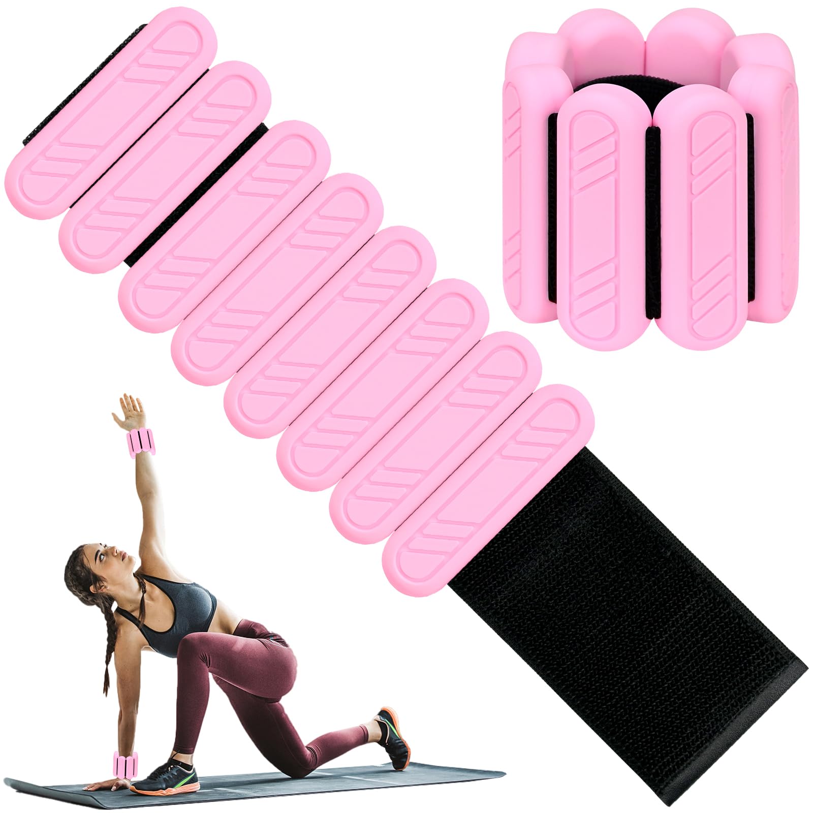 Set di 2 pesi regolabili per polso e caviglia, colore nero e rosa, per yoga, danza, sbarra, pilates, cardio, aerobica, camminata