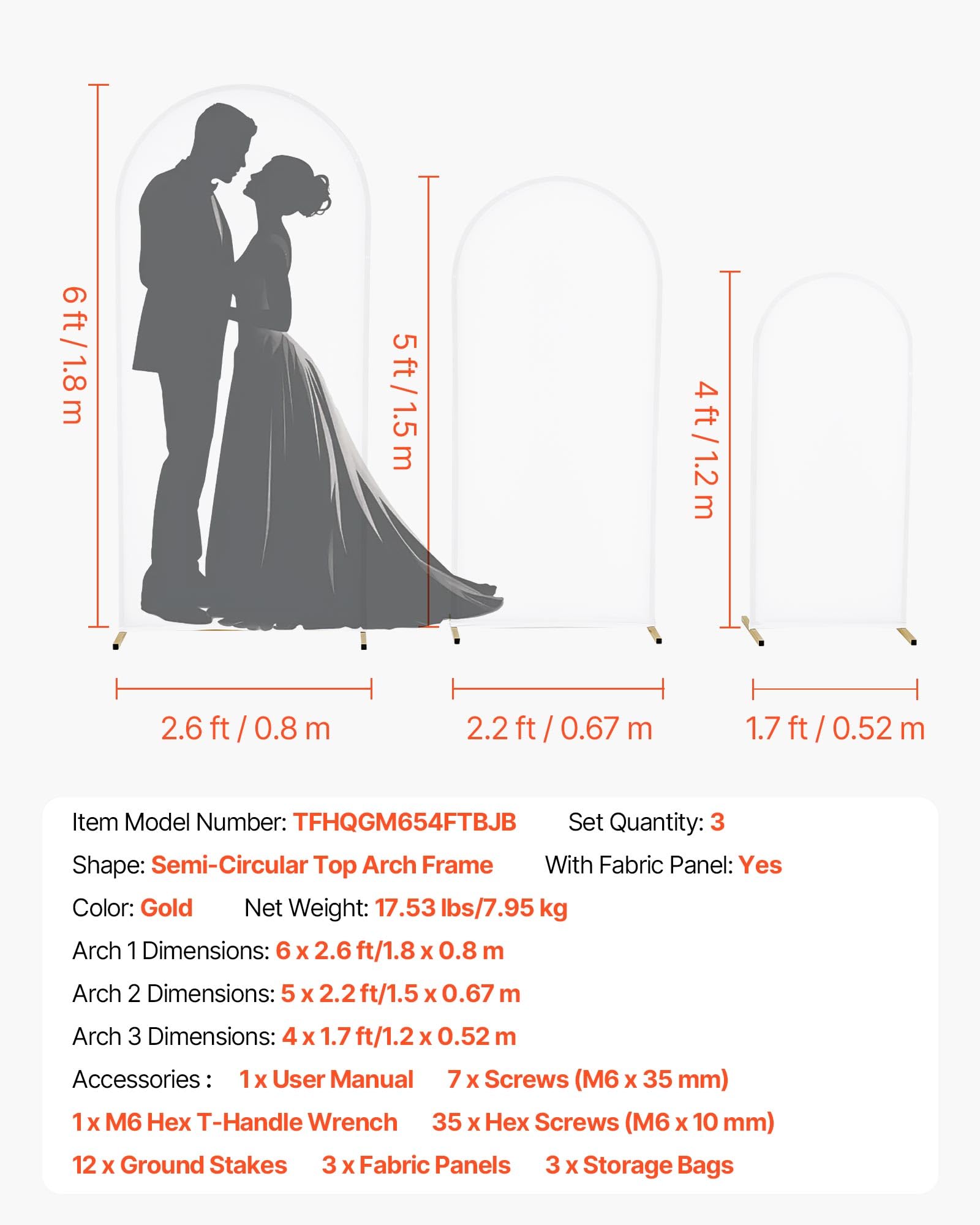 VEVOR Arche de Mariage Lot de 3 Support de Fond Arche 1,8 m 1,5 m 1,2 m pour Décoration Mariage, Anniversaires, Remises Diplômes, Fêtes, Cérémonies, Célébrations, avec Housse et Structure Métal Doré