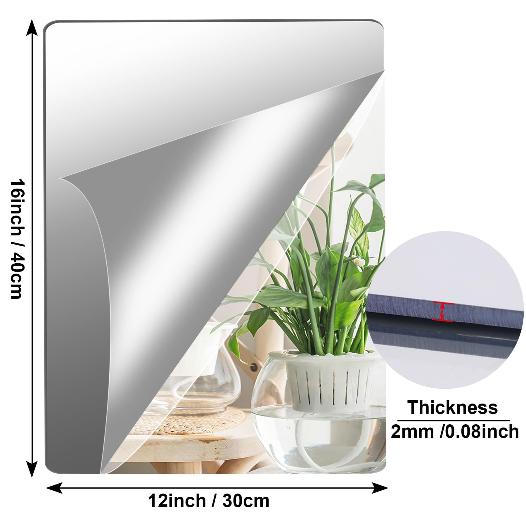 JUNEBRUSHS 8 Pack Self Adhesive Acrylic Mirror, 12x16 Inch Mirror Tiles,Flexible Mirror Sheets Wall Stickers,2MM Thick Mirror,Frameless Small Mirror
