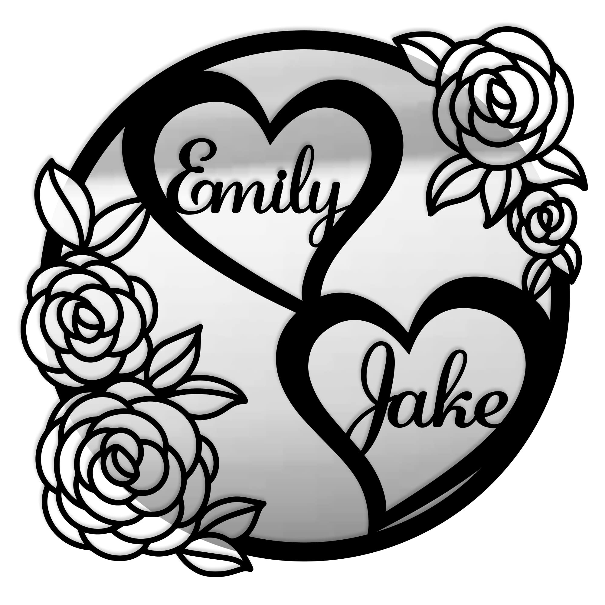 Print Maniacs Floral Wedding Hoop Wreath Custom Wooden Acrylic Couple Name Sign Backdrop Receptions Party Events Wall Hanging (25cm, Black Acrylic/Silver Mirror)