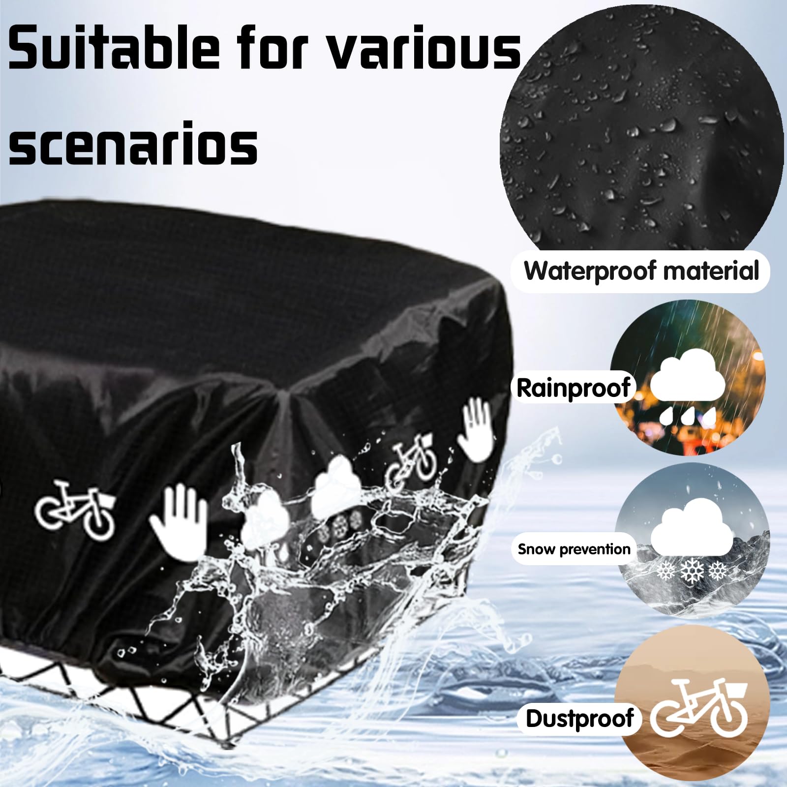 Copertura Antipioggia, Cestino Bicicletta Anteriore, Cestino Bicicletta Posteriore, 46x32x20 cm, Copertura Antipioggia Per Cestino Bici Con Strisce Riflettenti