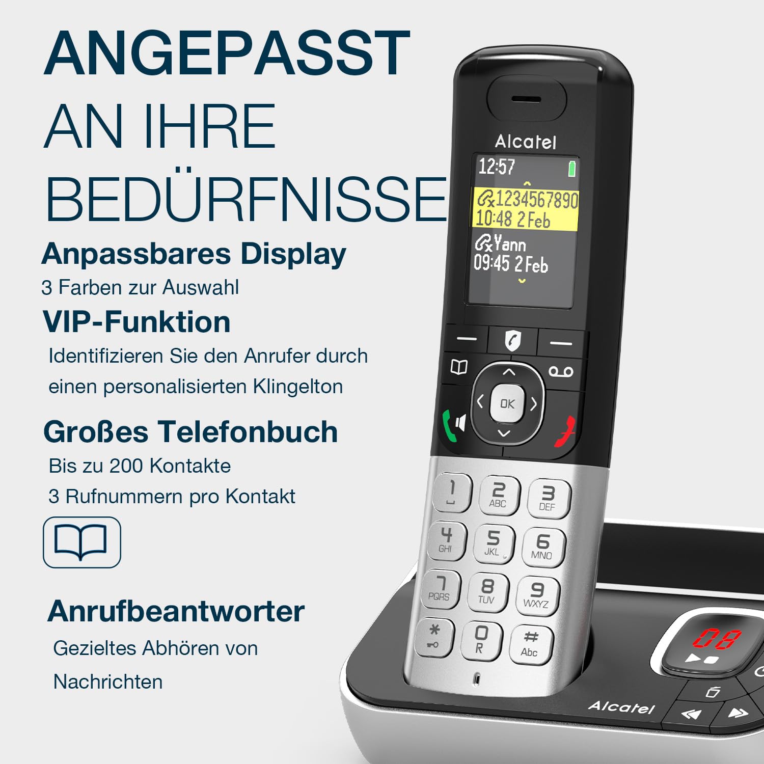 ALCATEL FX990 Voice Duo - Schnurloses DECT-Telefon mit Anrufbeantworter 50 Min. - Hochauflösendes Farbdisplay - Freisprechfunktion - Anrufsperre - VIP-Klingelton - 2 Mobilteile - Schwarz/Grau