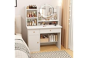 Dressing Table: Vanity Desk with Drawers, Mirror and LED Lights