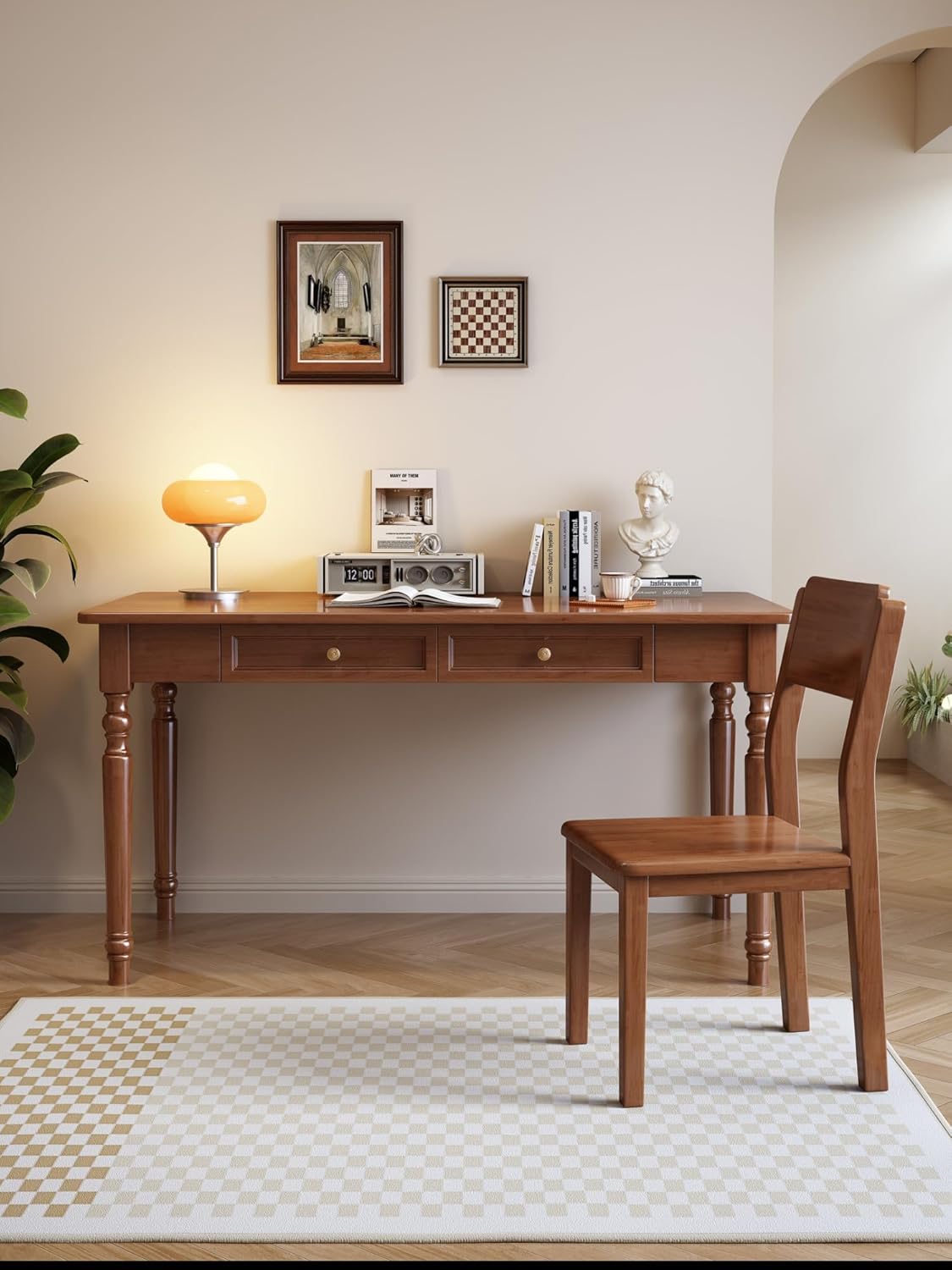 31.5in Country Desk and Chair Set, Home Office Computer Desk with Ergonomic Office Chair, Wooden White Writing Desk Study Table, for Bedroom, Office or Student Workstation(31.5'' x 23.6'' x 29.5'')