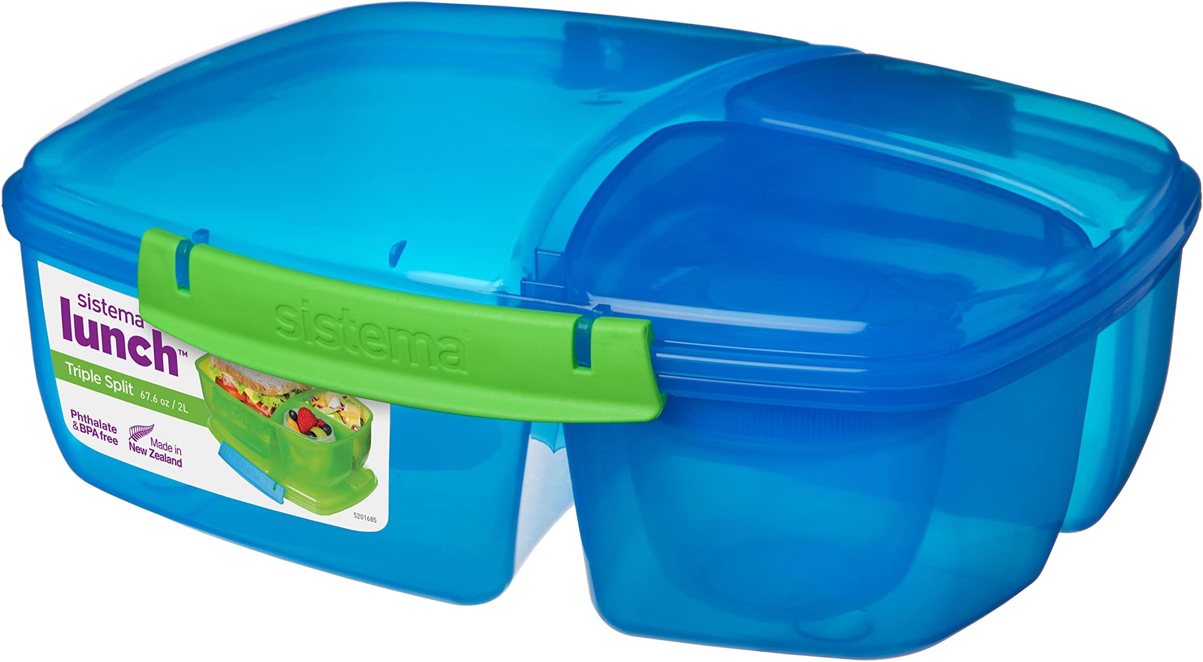 Sistema Lunch Triple Split Lunch Box with Yoghurt Pot 2 litres Food Container | BPA-Free | Blue/Green