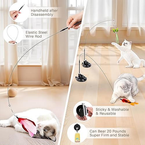 Miniatura 2 de HONGDDY Juguetes para gatos de interior, 14 juguetes interactivos 4 en 1 para gatos, varita colgante para puerta con ventosa, bolas de plumas