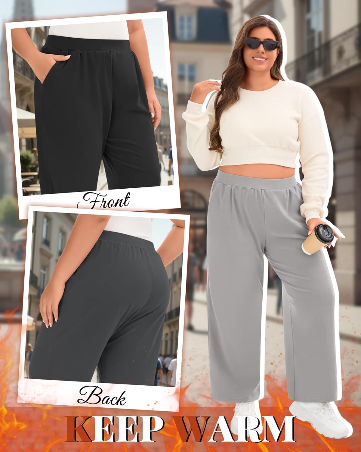 3 Pack Women's Plus Size Fleece Sweatpants Wide Leg Thermal Lounge Pants Pockets Elastic Waist Warm Trouser Jogger - Image 2