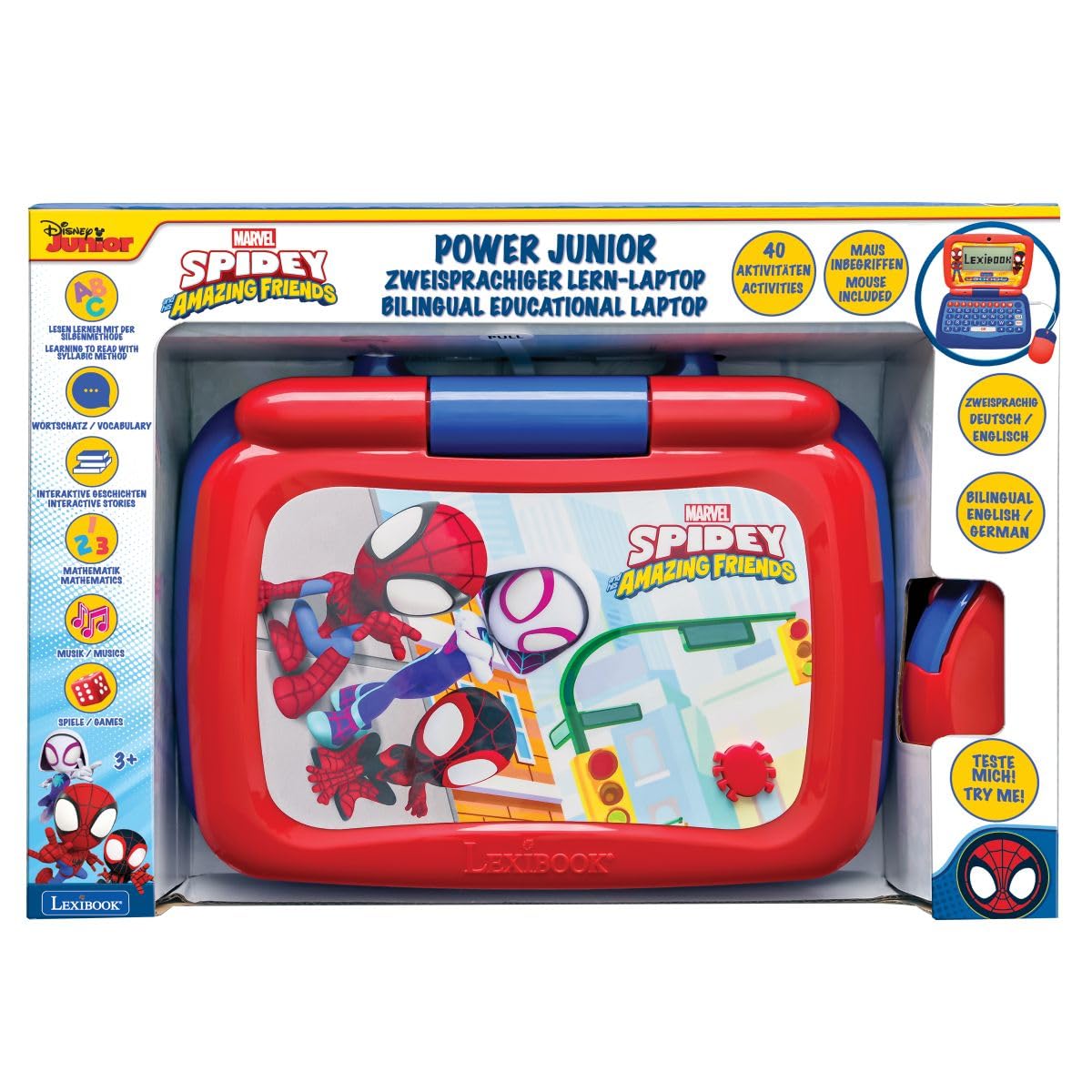 Lexibook, Spidey Bilingual JC398SPi3LXB - Ordenador de Aprendizaje con 40 Actividades, Ordenador Educativo en inglés/alemán, 3 Historias animadas, método de Lectura, Juegos y música, Azul/Rojo