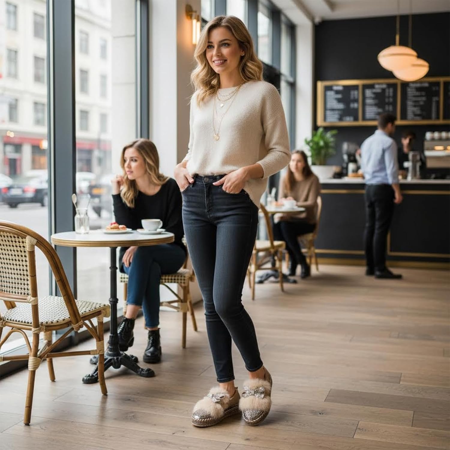 Women's Rhinestone Bow Chunky Platform Loafers Stylish Round Faux Fur Decoration Slip-On Flats Suede Non-Slip Sole Casual Shoes for Daily Walking Indoor Outdoor Wear - Image 3